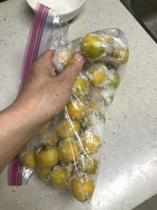 지퍼백을 잘 섞으면서, 매실에 소금을 묻힌다 (Photo by 김현진)